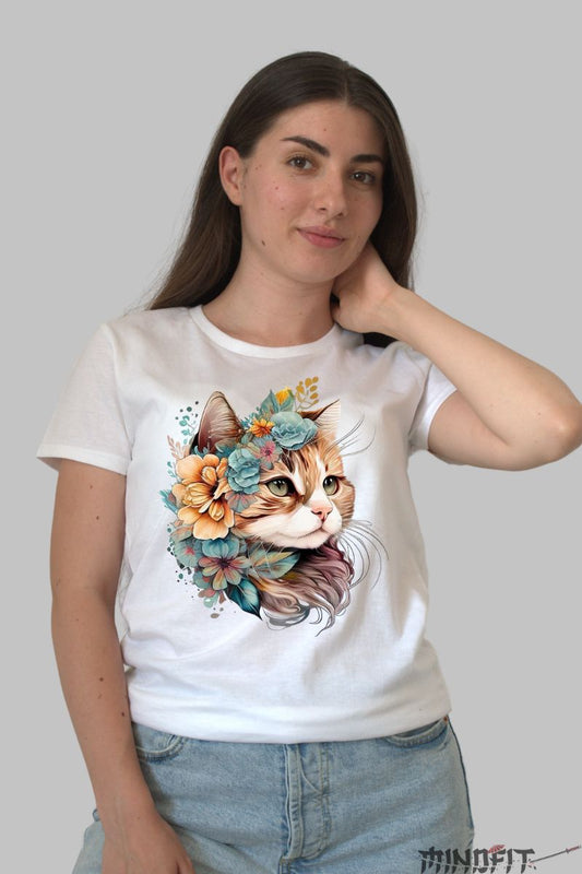 Tricou Dama cu Pisica Inflorata dama alb fata