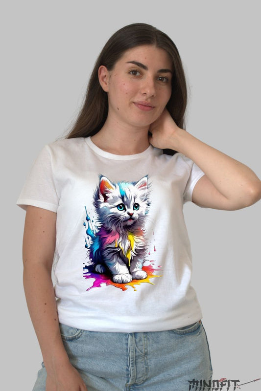 Tricou Dama cu Pisica Pui Alb dama alb fata