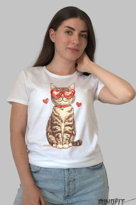 Tricou Dama cu Pisica si Ochelari dama alb fata