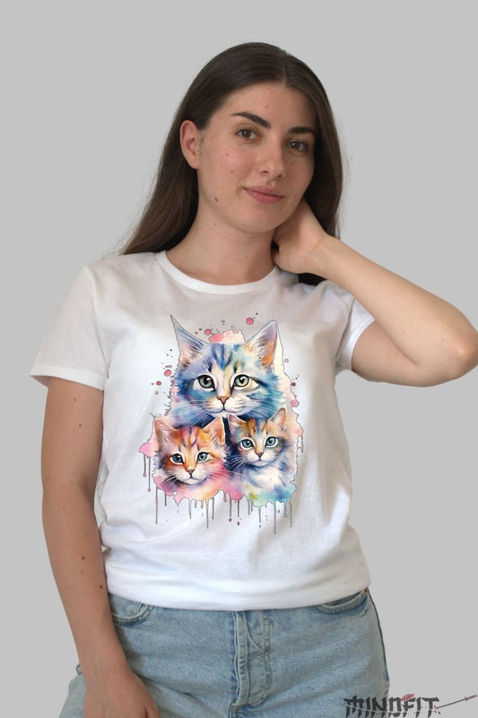 Tricou Dama cu Pisici Multicolore dama alb fata