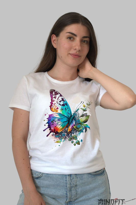 Tricou Fluture Multicolor dama alb fata