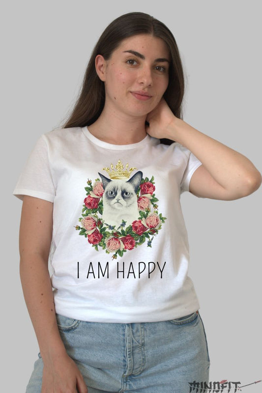 Tricou Grumpy Cat "I Am Happy" dama alb fata