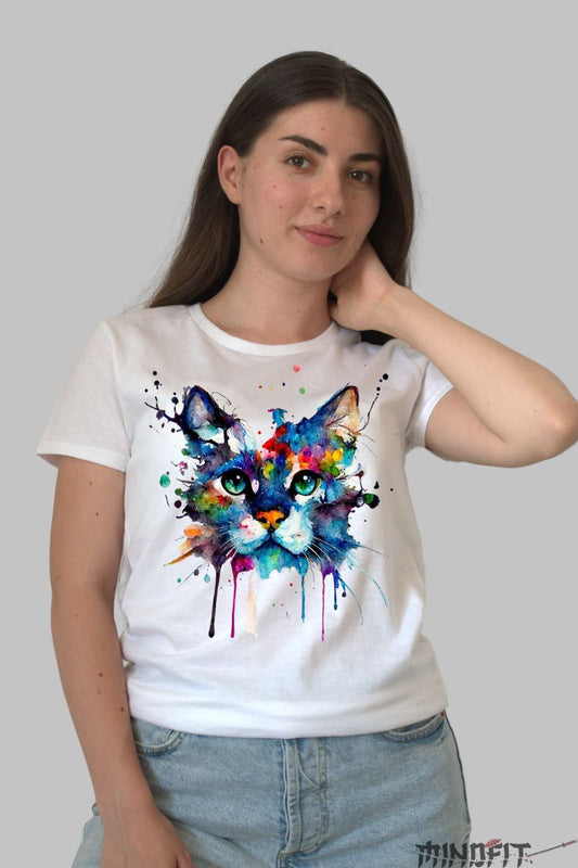 Tricou Imprimeu Pisica Abstracta dama alb fata