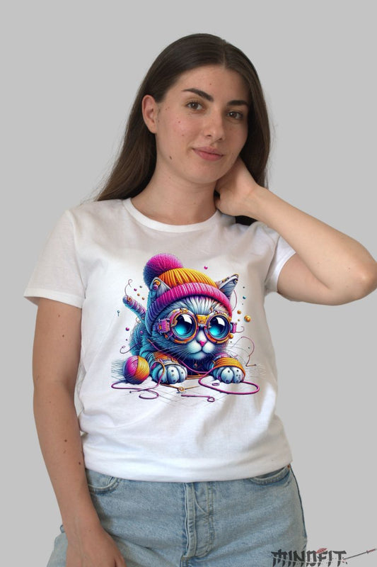 Tricou Imprimeu Pisica Jucausa dama alb fata