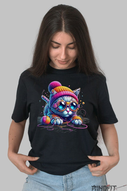 Tricou Imprimeu Pisica Jucausa dama negru fata