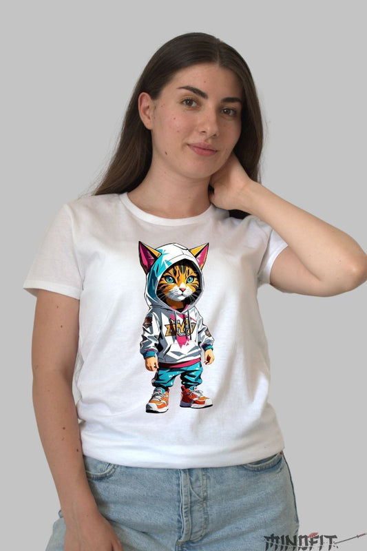 Tricou Imprimeu Pisica Pui Cool dama alb fata