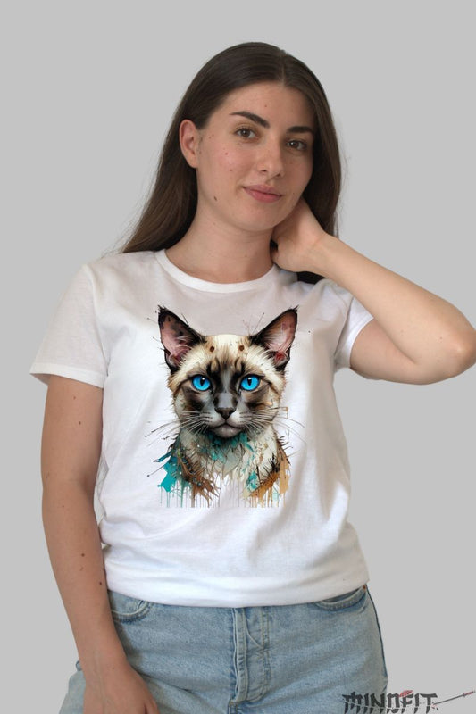 Tricou Imprimeu Pisica Siameza dama alb fata