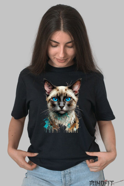Tricou Imprimeu Pisica Siameza dama negru fata