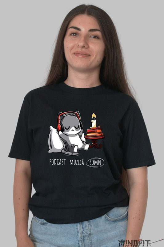 Tricou Imprimeu Pisica Somnoroasa dama negru fata