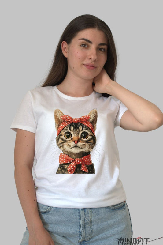 Tricou Imprimeu Pisica Stilata dama alb fata