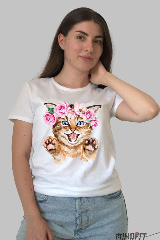Tricou Imprimeu Pisica cu Coronita dama alb fata