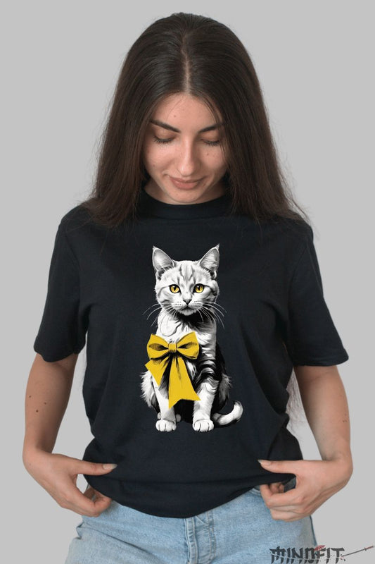 Tricou Imprimeu Pisica cu Fundita dama negru fata