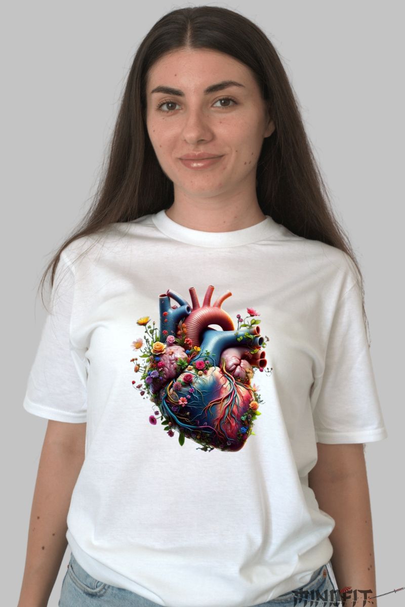 Tricou Inima cu Flori dama alb fata