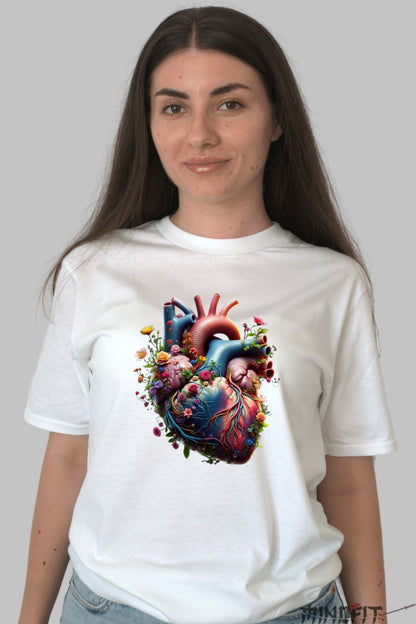 Tricou Inima cu Flori dama alb fata
