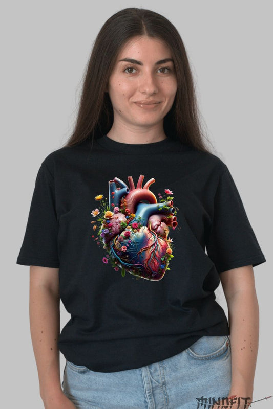 Tricou Inima cu Flori dama negru fata