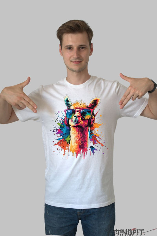 Tricou Lama Multicolora barbat alb fata