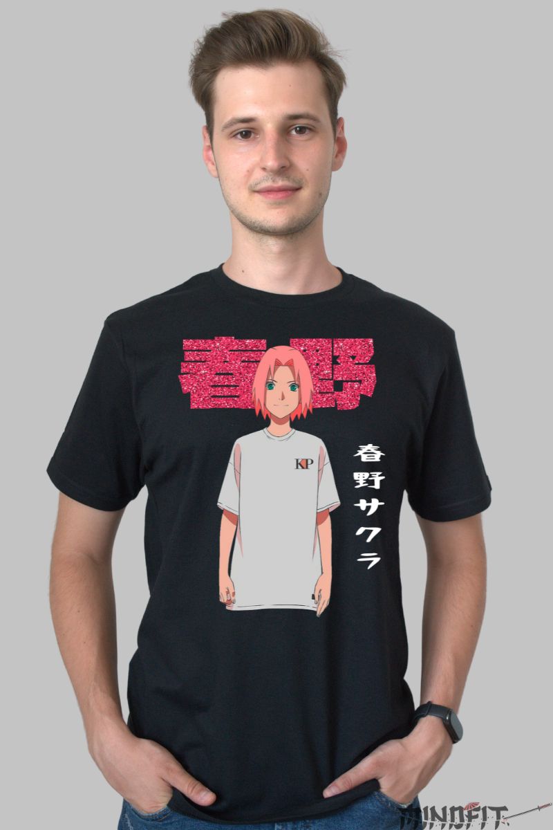 Tricou Naruto Sakura Uchiha barbat negru fata