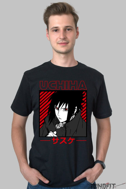 Tricou Naruto Sasuke Clan Strength barbat negru fata