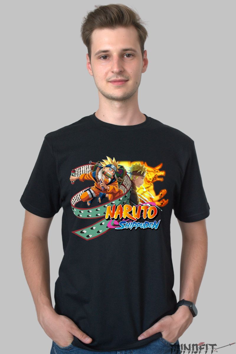 Tricou Naruto Shippuden Kurama Mode barbat negru fata