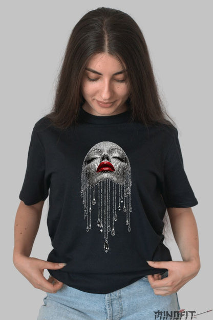 Tricou Personalizat Fata cu Cristale dama negru fata