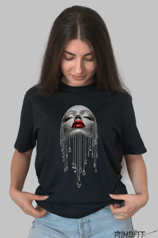 Tricou Personalizat Fata cu Cristale dama negru fata