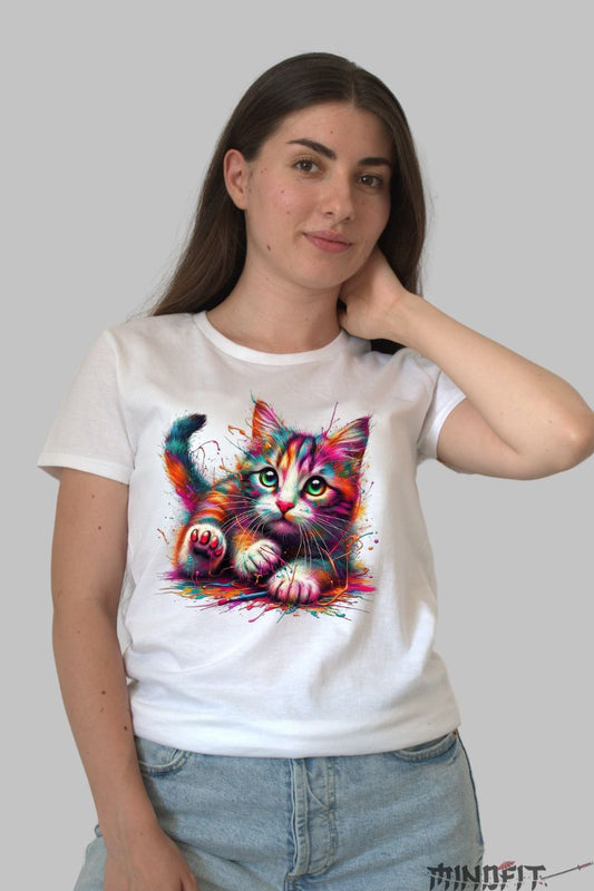 Tricou Personalizat cu Pisica Colorata dama alb fata