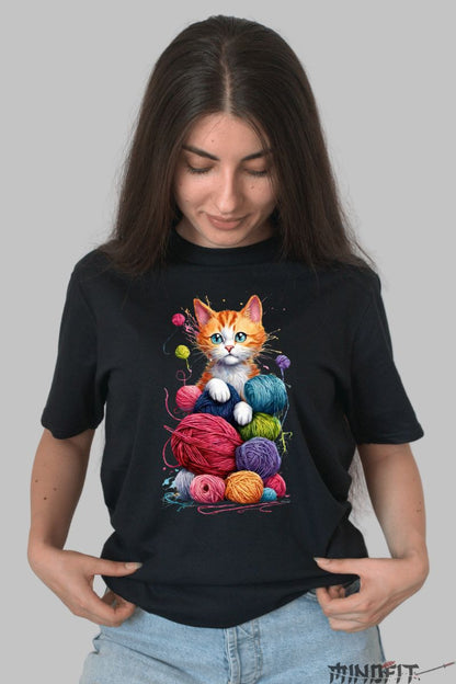 Tricou Personalizat cu Pisica si Gheme de Ata dama negru fata