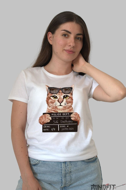 Tricou Personalizat cu Pisici "Police Dept" dama alb fata