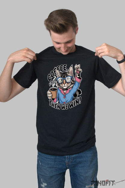Tricou Pisica "Coffee Power" barbat negru fata