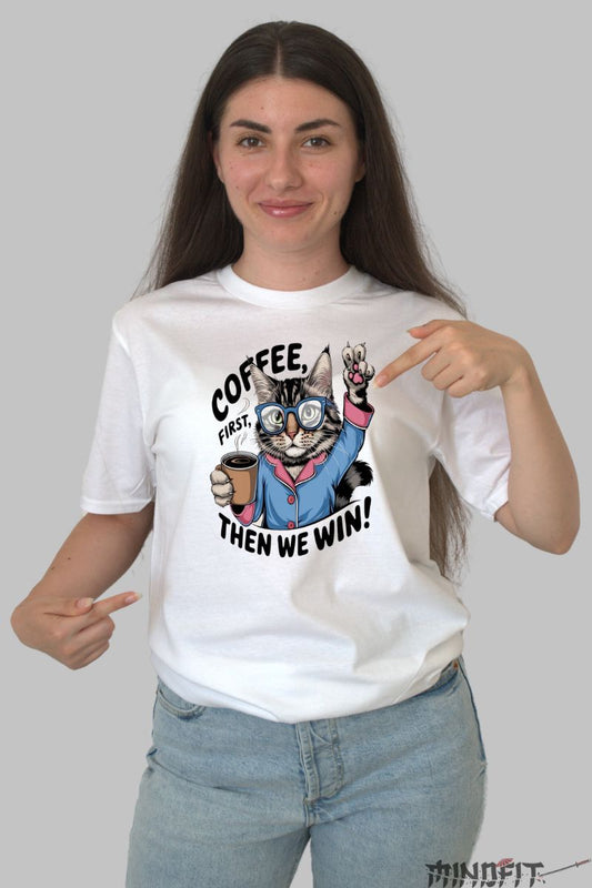 Tricou Pisica "Coffee Power" dama alb fata