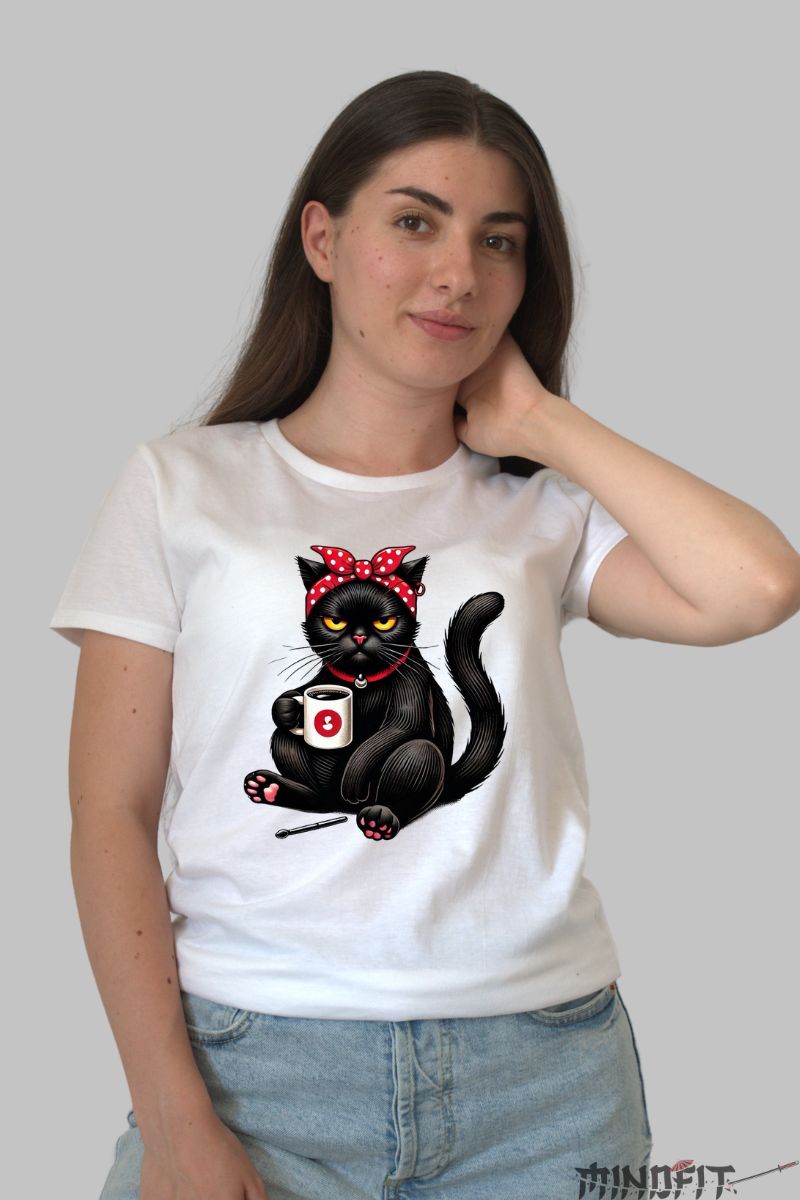 Tricou Pisica Neagra Suparata dama alb fata