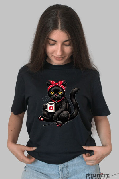 Tricou Pisica Neagra Suparata dama negru fata