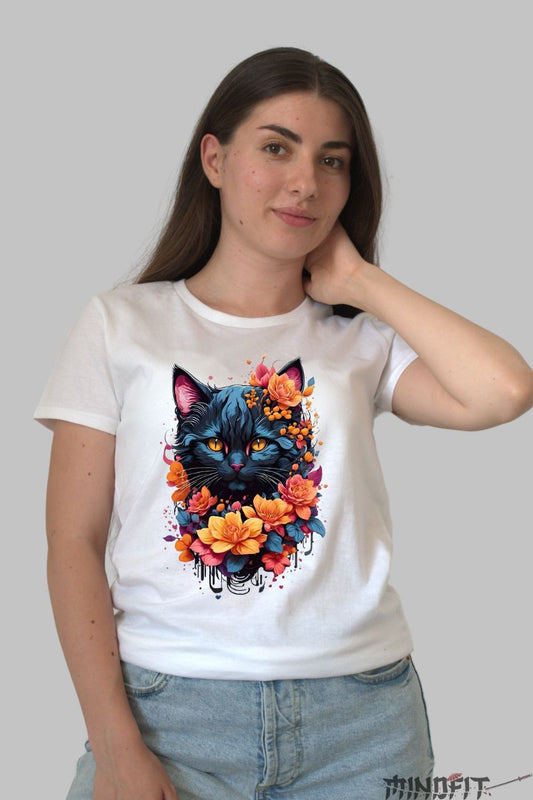 Tricou Pisica Neagra Viu Colorata dama alb fata