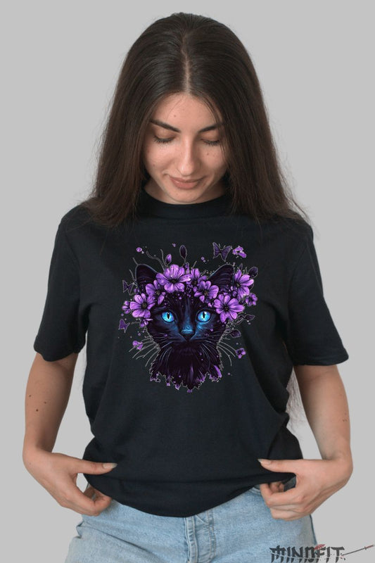 Tricou Pisica Neagra cu Flori dama negru fata