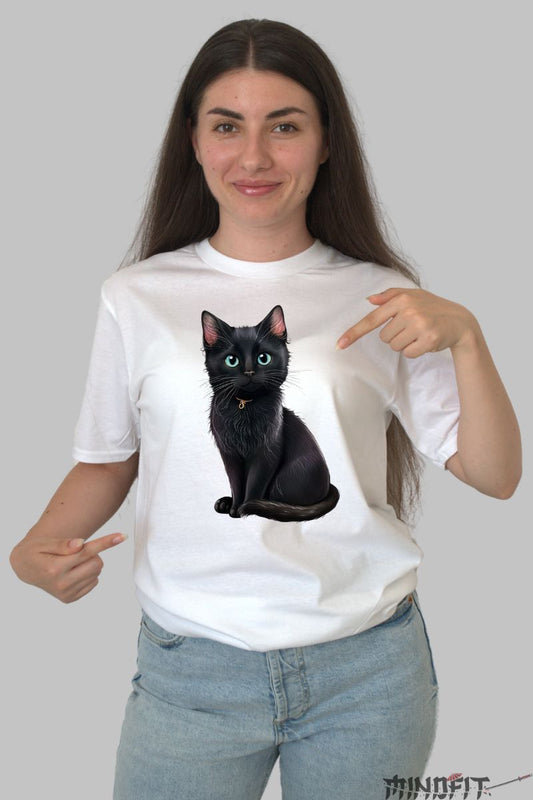 Tricou Pisica Neagra cu Ochi Albastri  dama alb fata