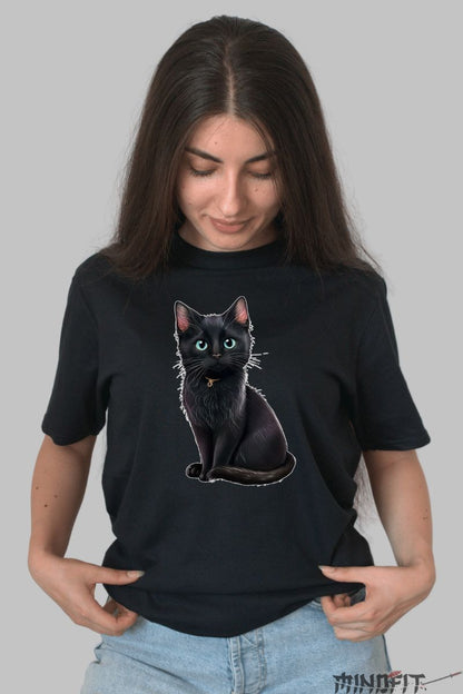 Tricou Pisica Neagra cu Ochi Albastri  dama negru fata