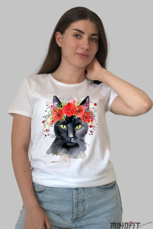 Tricou Pisica Neagra si Maci dama alb fata