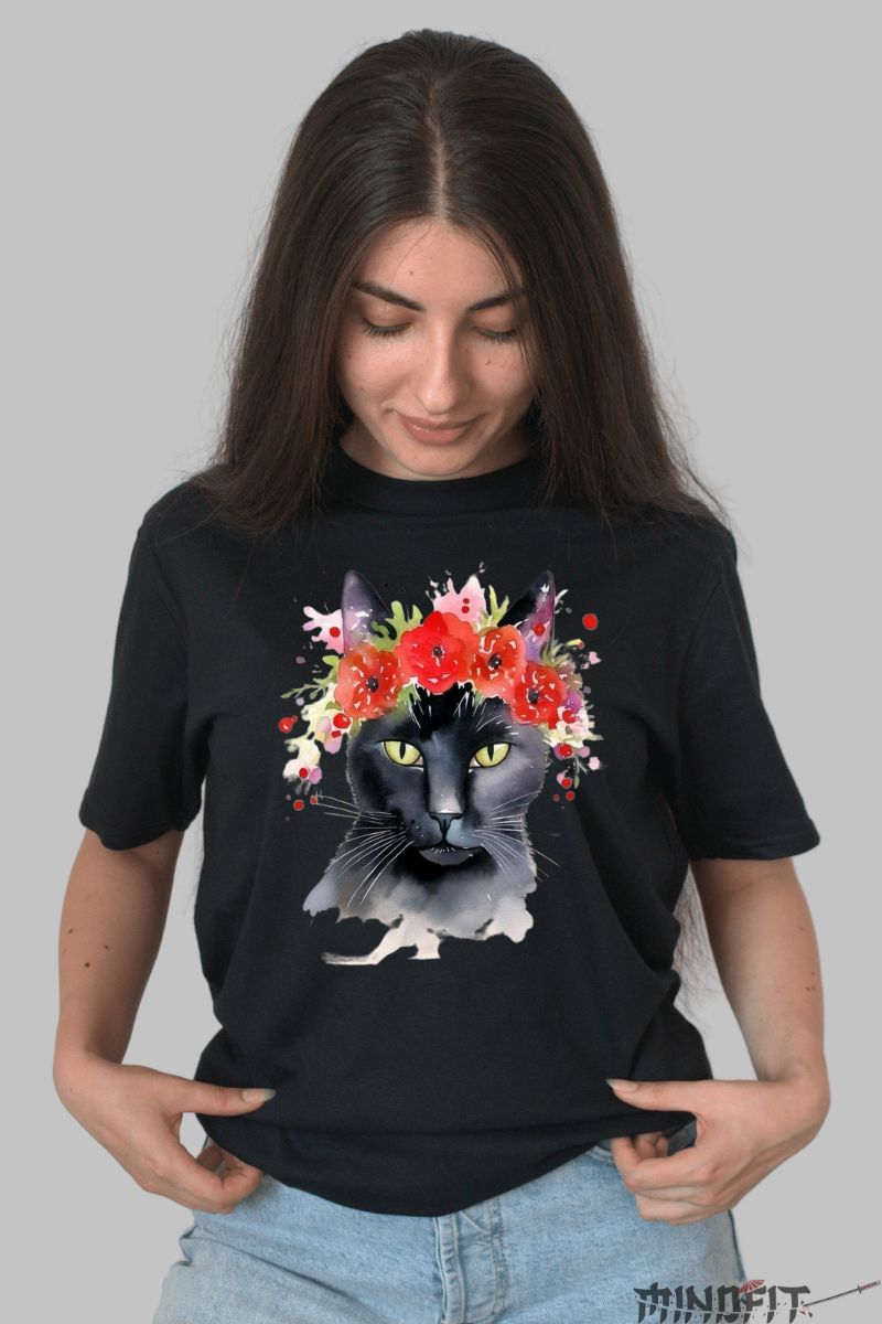Tricou Pisica Neagra si Maci dama negru fata