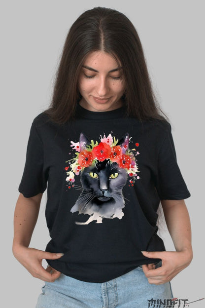 Tricou Pisica Neagra si Maci dama negru fata