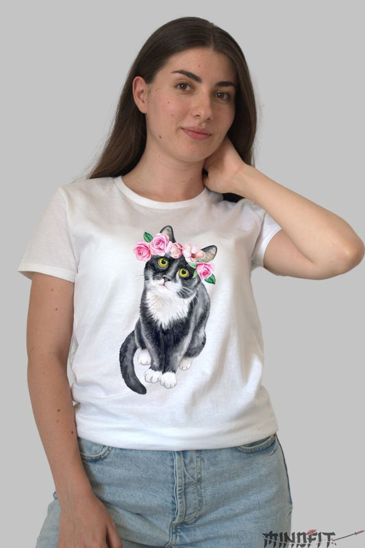 Tricou Pisica Neagra si Trandafiri dama alb fata
