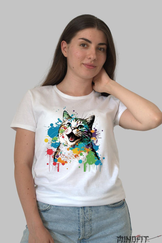 Tricou Pisica Rainbow Mood dama alb fata