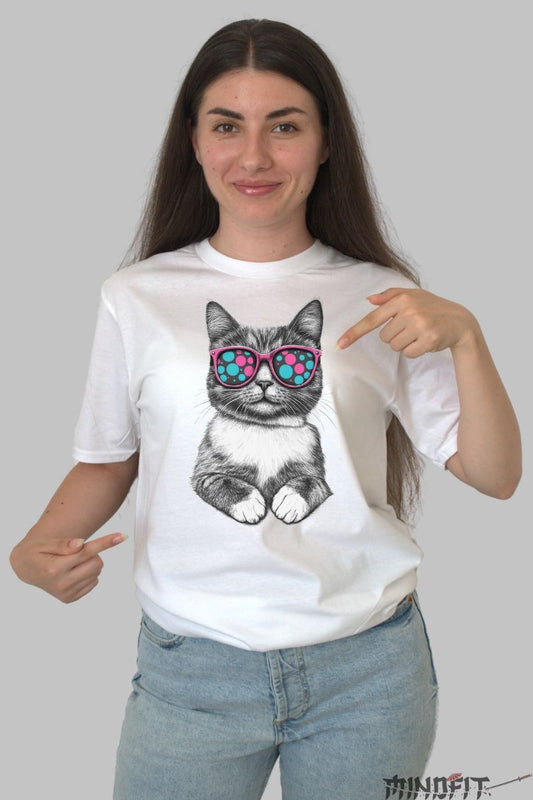 Tricou Pisica cu Ochelari Roz dama alb fata