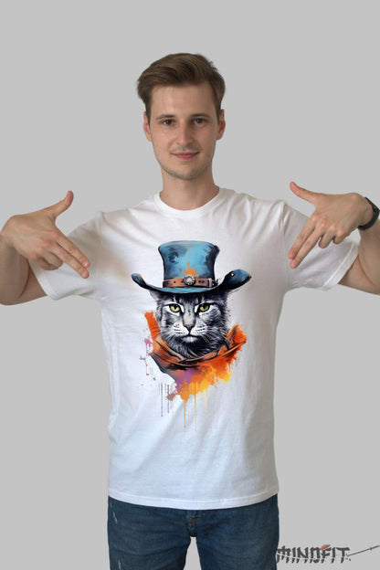 Tricou Pisica cu Palarie Albastra barbat alb fata