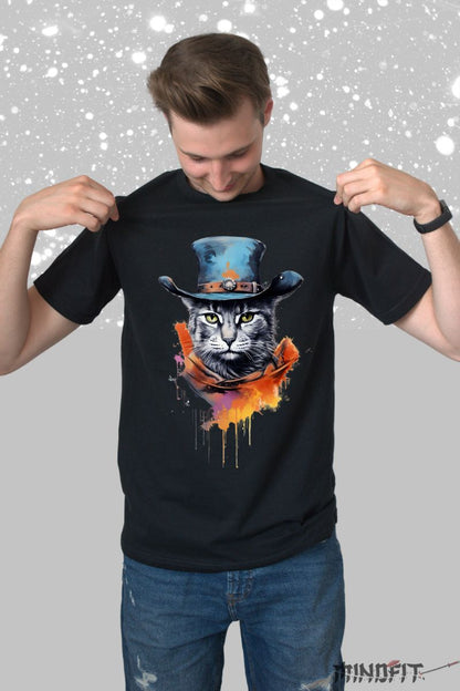 Tricou Pisica cu Palarie Albastra barbat negru fata