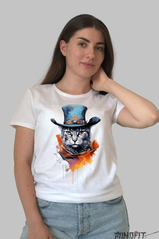 Tricou Pisica cu Palarie Albastra dama alb fata
