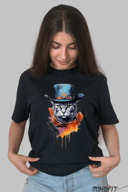 Tricou Pisica cu Palarie Albastra dama negru fata