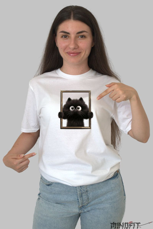 Tricou Pisica Neagra Pufoasa dama alb fata