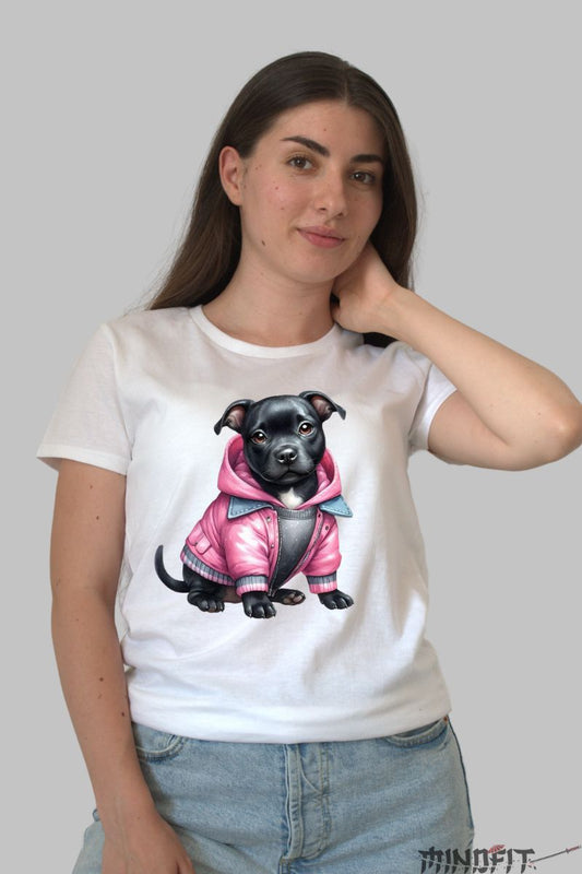 Tricou Pitbull Negru dama alb fata