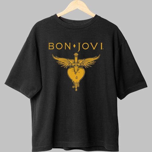 Tricou Rock Bon Jovi Heart Dagger Gold fata negru