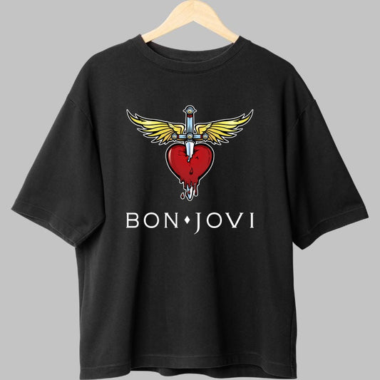 Tricou Rock Bon Jovi Heart Wings Emblem fata negru